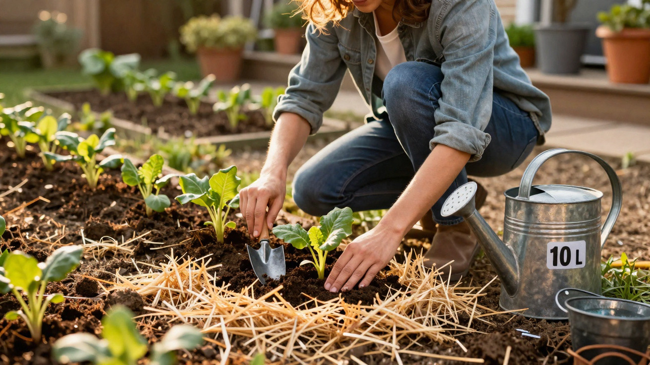 Person planting seedlings in a garden bed with a 10L metal watering can nearby on a sunny day.