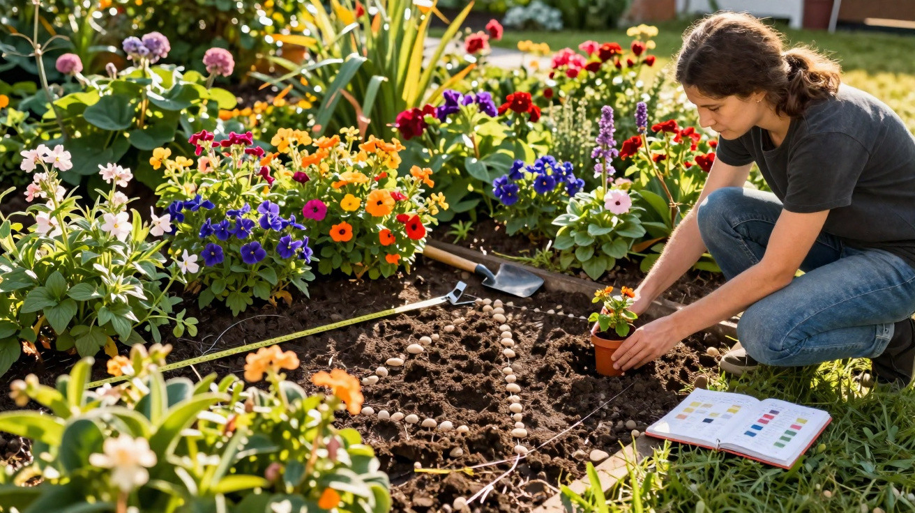 Woman planting flowers in a garden bed surrounded by colourful blooming plants on a sunny day