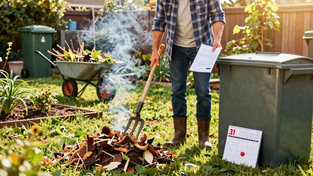 Person holding a garden fork and paper, turning a smoking compost pile in a backyard garden on a sunny day.