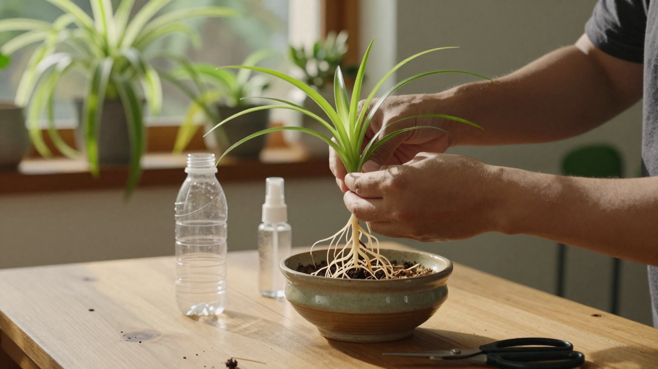 Person potting a green plant with visible roots on a wooden table near a window with other plants.