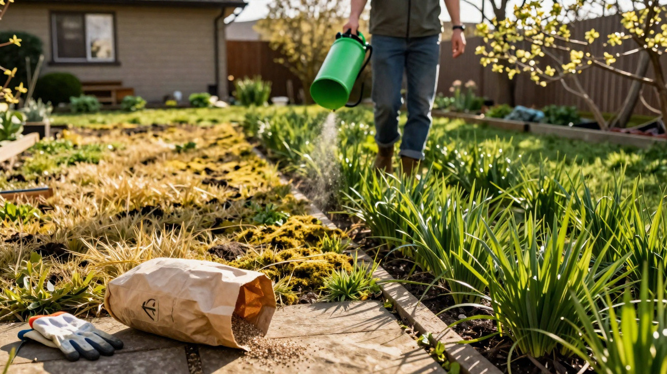 Person scattering fertiliser from a green container in a garden with plants and gardening gloves nearby.