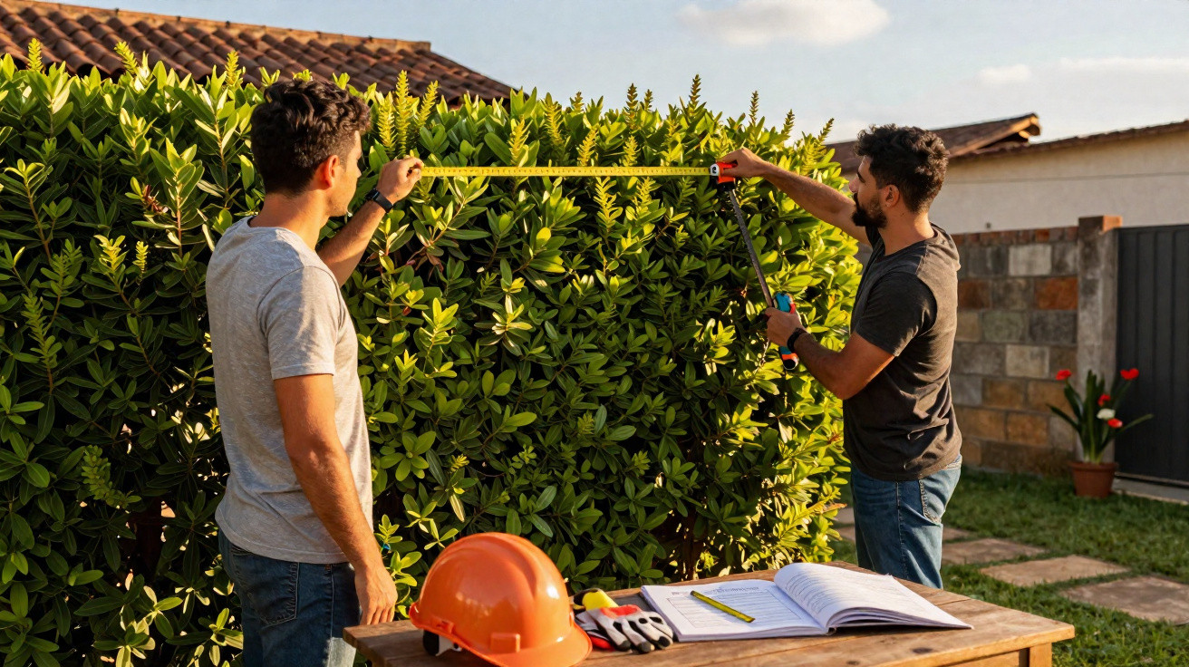 Two men measuring a hedge with a tape measure outdoors on a sunny day.