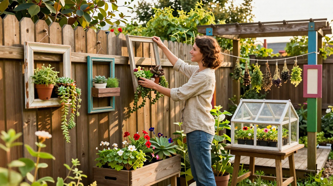 Woman arranging framed potted plants on a wooden fence in a sunlit garden with various flowers and greenery.