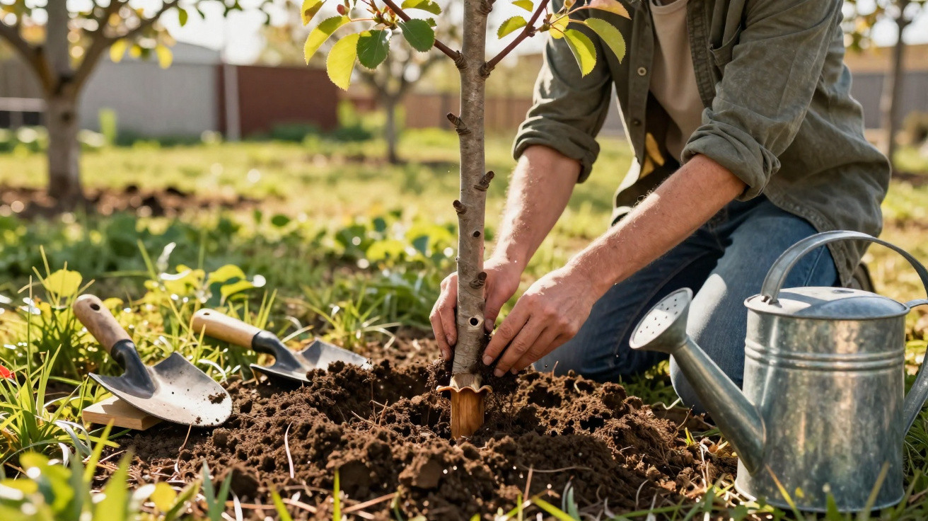 Person planting a young tree in soil with gardening tools and a metal watering can nearby.