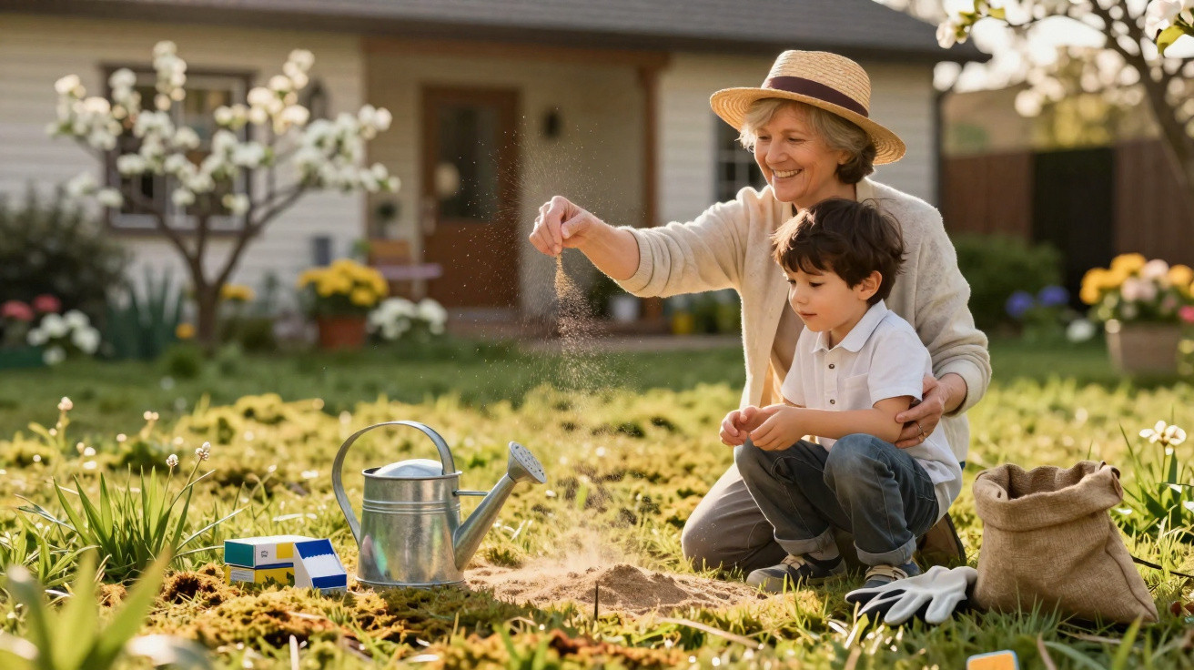 Elderly woman and young boy gardening together, sowing seeds in a sunlit garden with tools nearby.