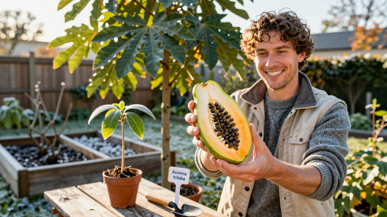 Young man smiling in a garden holding a halved papaya with black seeds in sunlight.