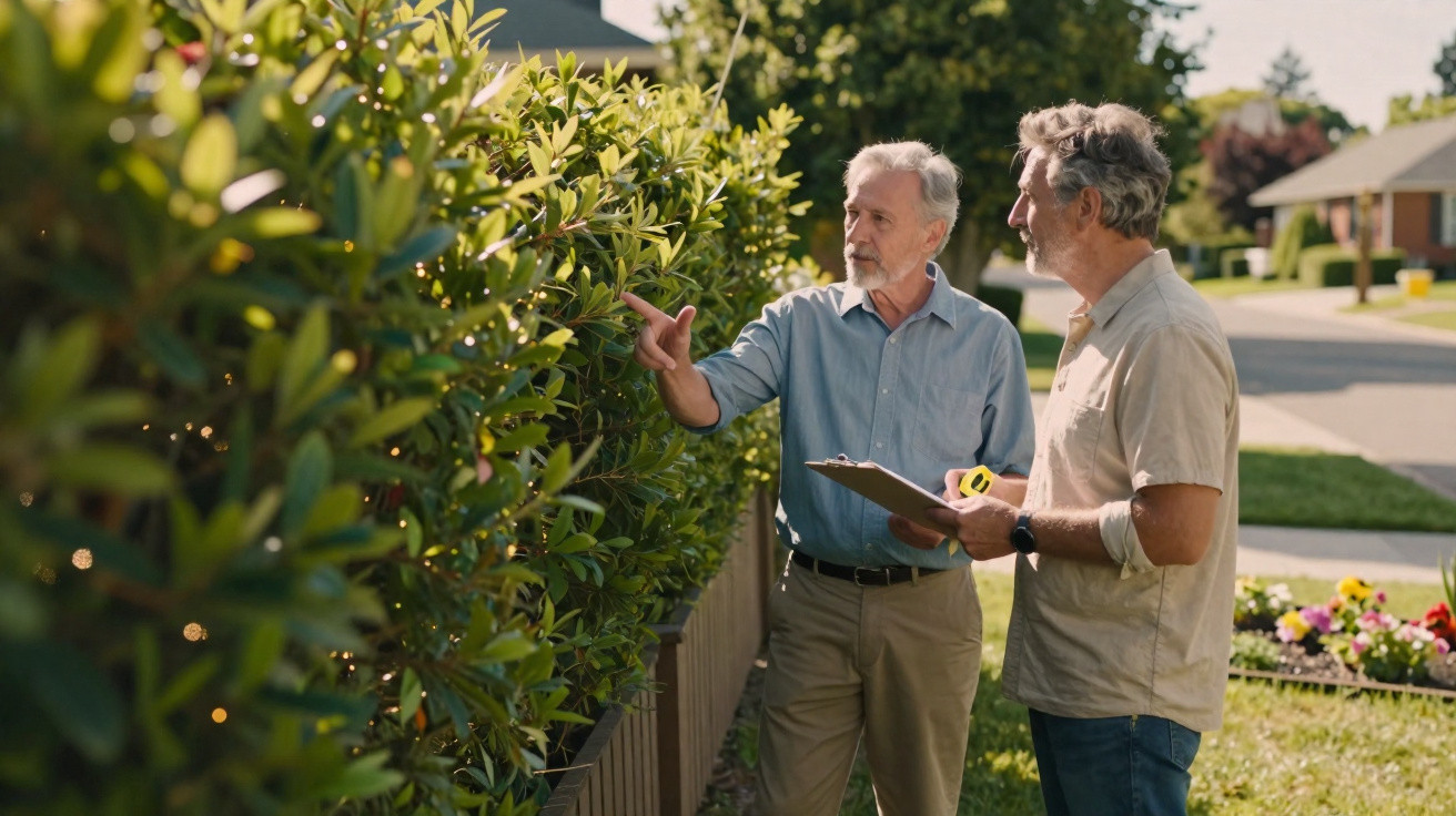 Two men inspecting and discussing a green hedge in a sunny residential garden.