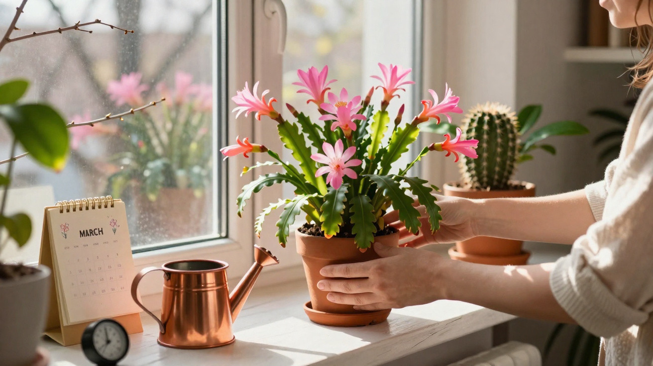 Person placing a blooming pink cactus plant in a terracotta pot on a bright windowsill in March.