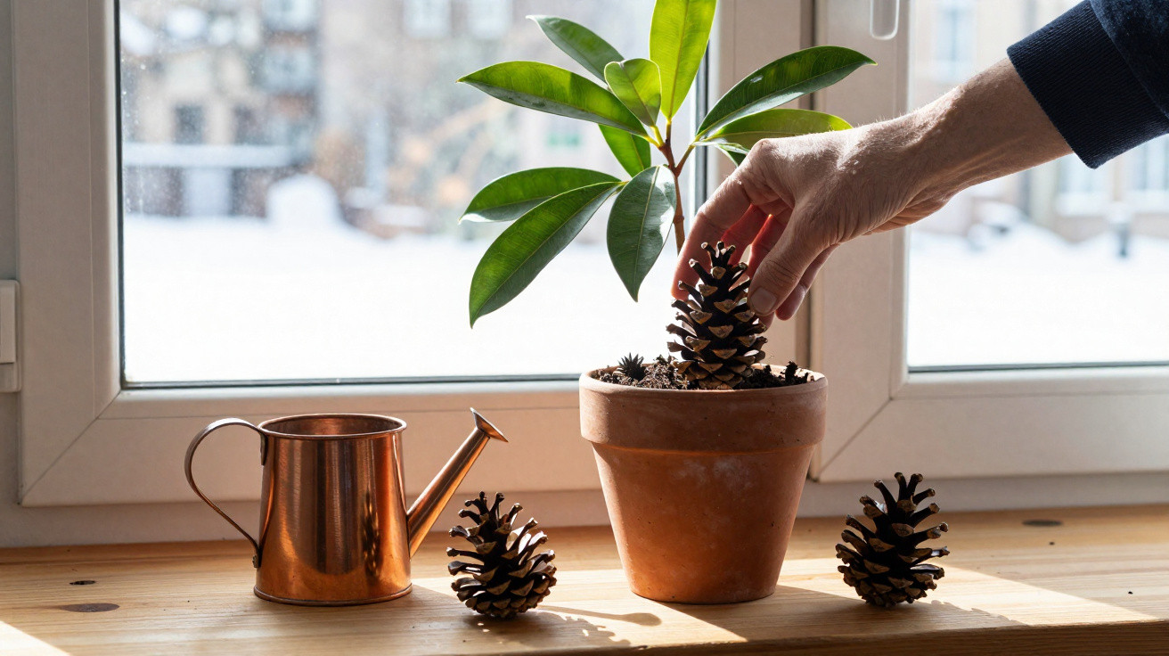Hand placing a pine cone in a terracotta pot with a green plant on a windowsill with a copper watering can.