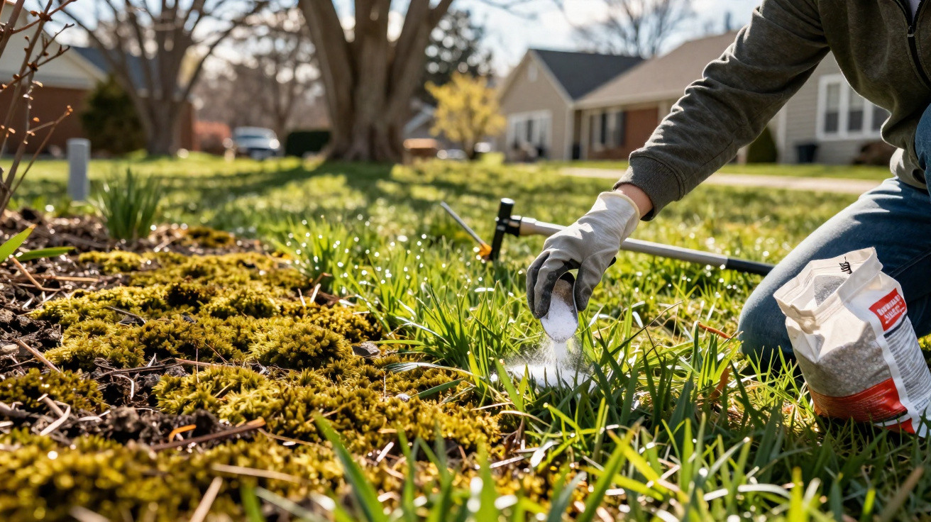 Person wearing gloves applying fertiliser to garden plants in a sunny suburban yard.