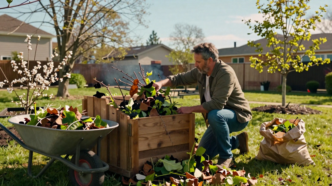 Man kneeling in garden filling wooden compost bin with autumn leaves on sunny day