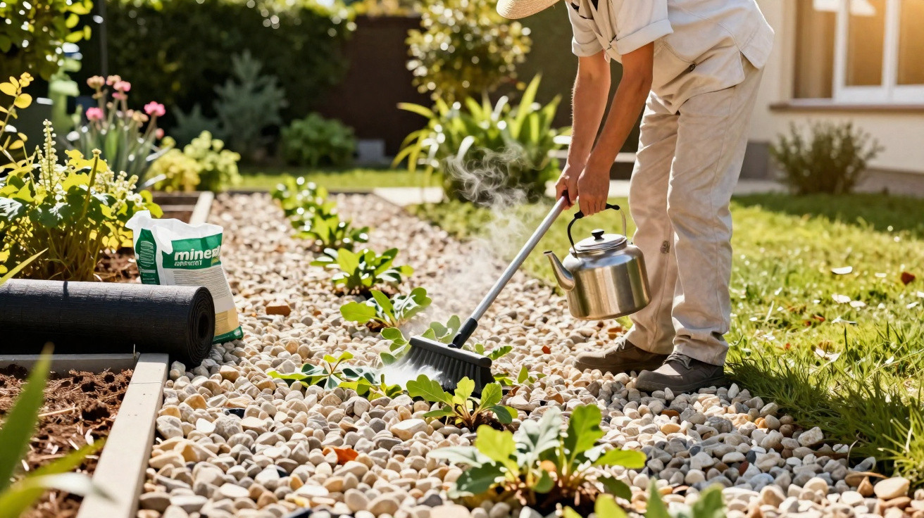 Person using a watering can and rake to tend plants growing between white gravel in a sunny garden.