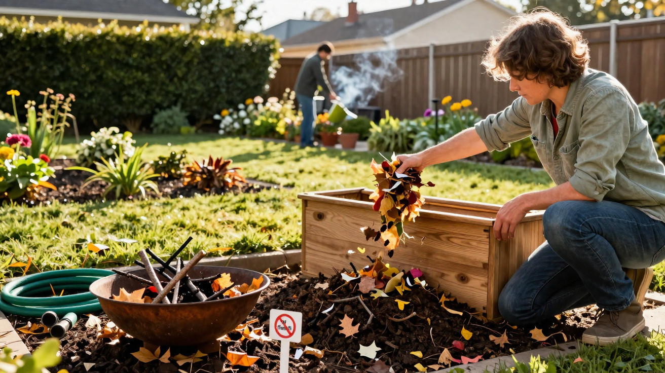 Person adding autumn leaves to a compost bin in a sunny backyard garden with another person watering plants.