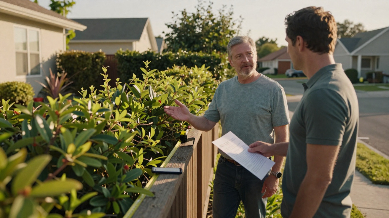 Two men discussing papers by a garden fence with green shrubs in a suburban neighbourhood.