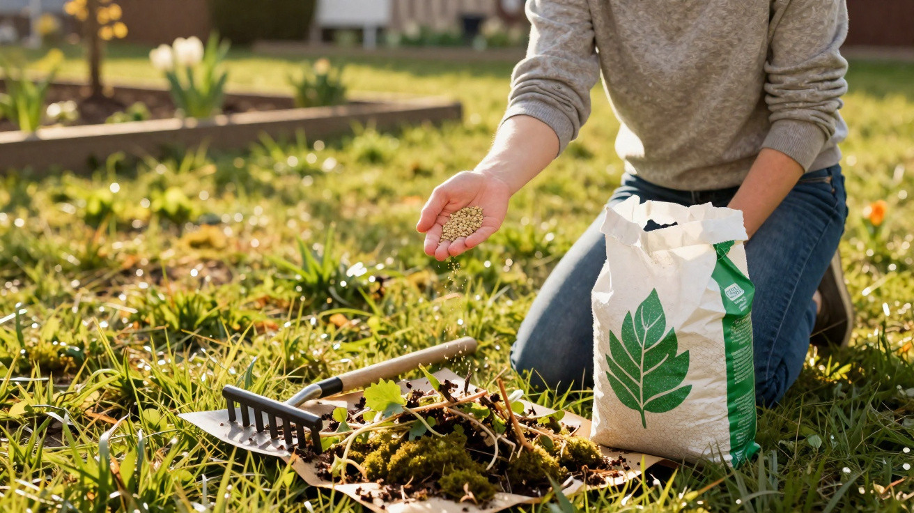 Person spreading seeds in a garden with gardening tools and a bag of seeds nearby on grass.