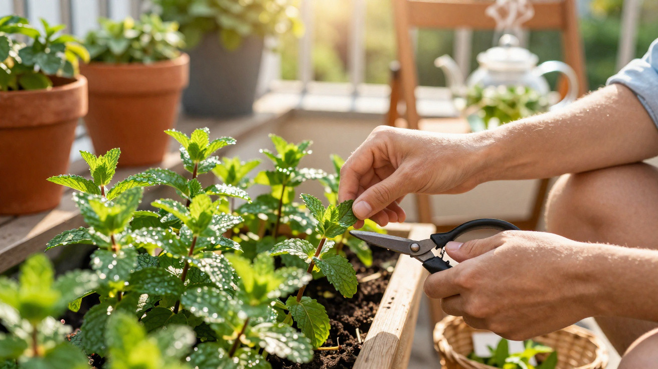 Hands pruning fresh mint leaves with scissors in a sunlit indoor garden planter box.
