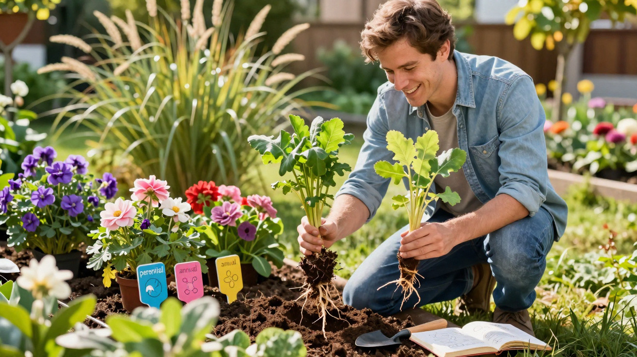 Man kneeling in garden, planting seedlings in soil surrounded by flowers and gardening book.