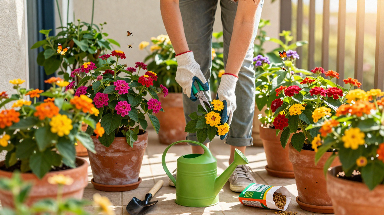 Person pruning yellow flowers in terracotta pots with a green watering can and gardening tools nearby.
