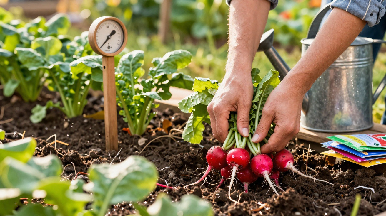 Hands harvesting freshly picked radishes in a garden bed with gardening tools and seed packets nearby.