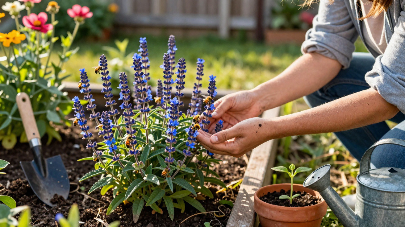 Person tending to a vibrant flowerbed with blue blooms and a watering can beside a small potted plant.