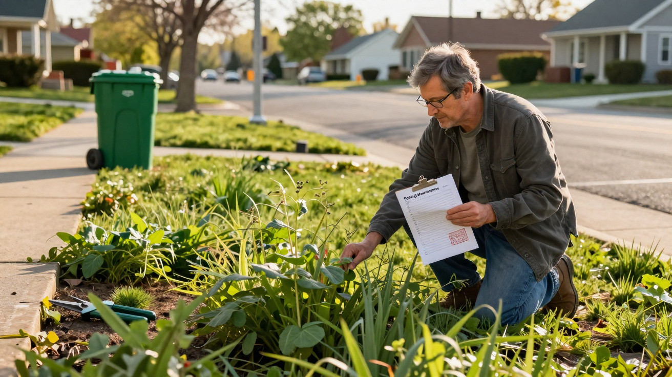 Man kneeling in garden inspecting plants while holding a clipboard on a sunny suburban street