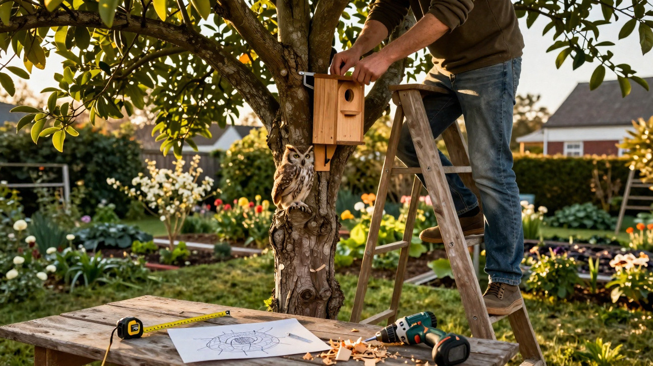 Person on ladder fitting wooden birdhouse to tree with owl perched nearby in a sunlit garden.