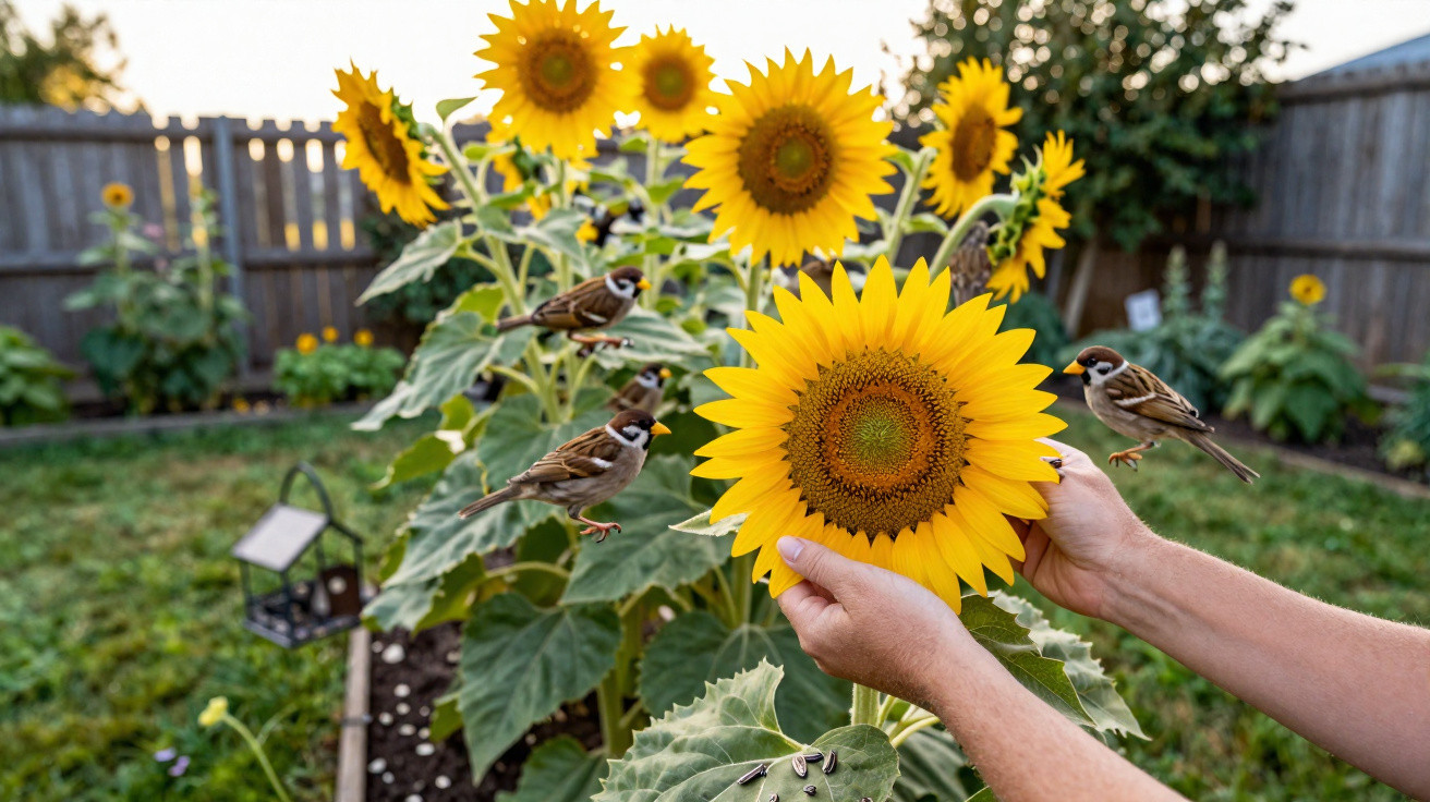 Hands holding a large sunflower with three small birds perched on sunflowers in a garden.