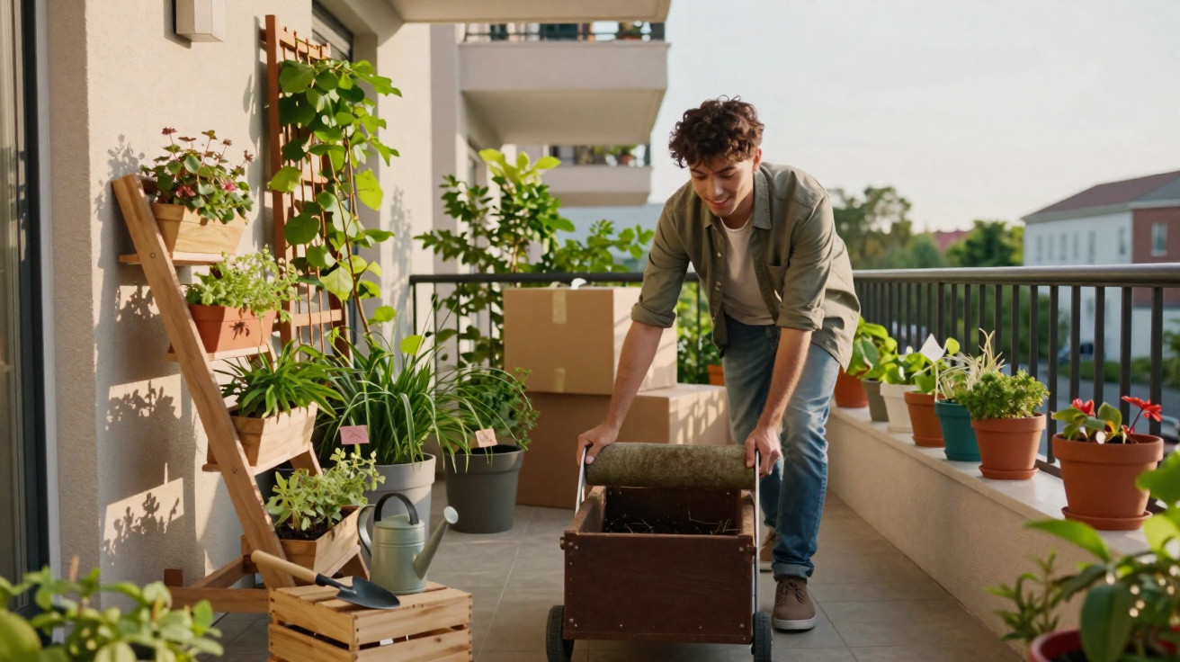 Young man gardening on a balcony surrounded by potted plants and boxes on a sunny day.