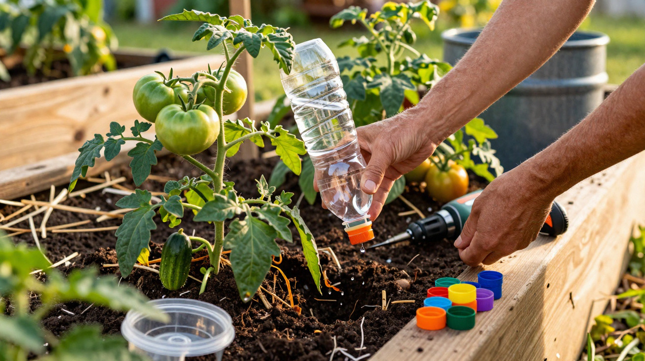 Hands watering tomato plants in a raised garden bed using a plastic bottle with reusable bottle caps nearby