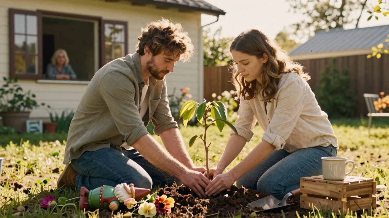 Couple planting a young tree in their garden with a woman watching from a house window in the background.