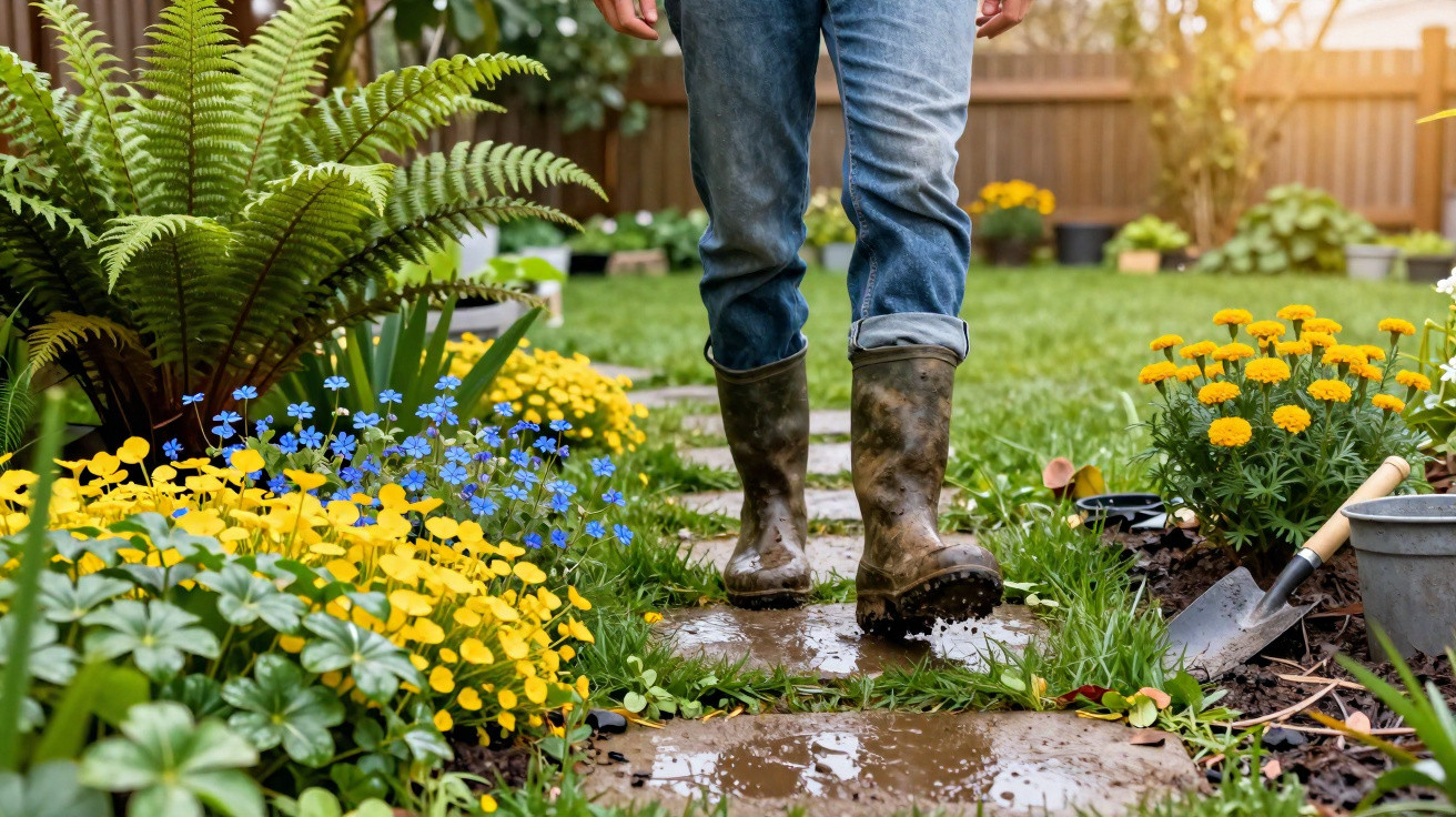 Person in muddy boots walking on stone path through colourful garden with flowers and gardening tools nearby