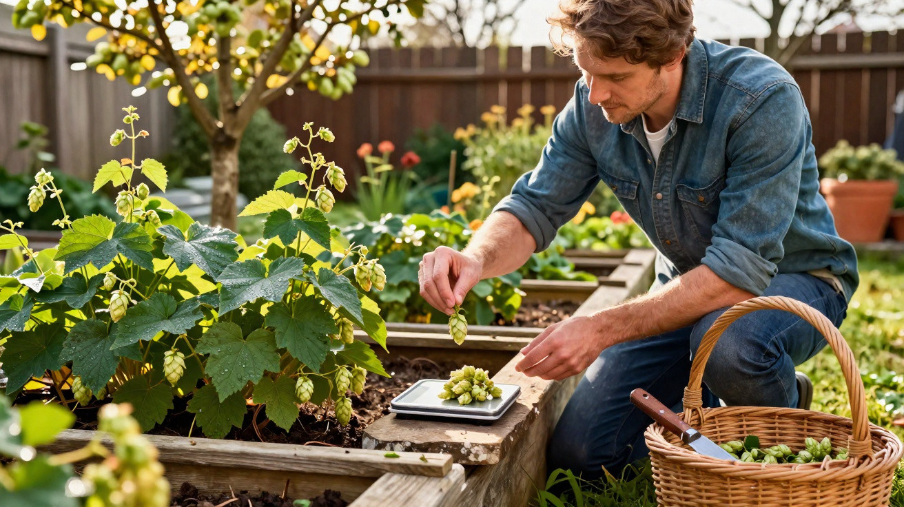 Man harvesting fresh hops from a garden bed with a basket and knife nearby on a sunny day.