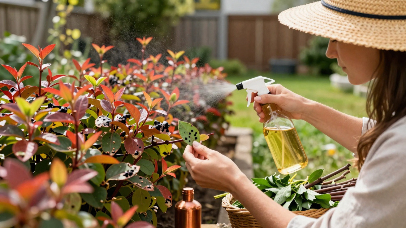Woman in a straw hat spraying insecticide on damaged leaves of garden plants outdoors.
