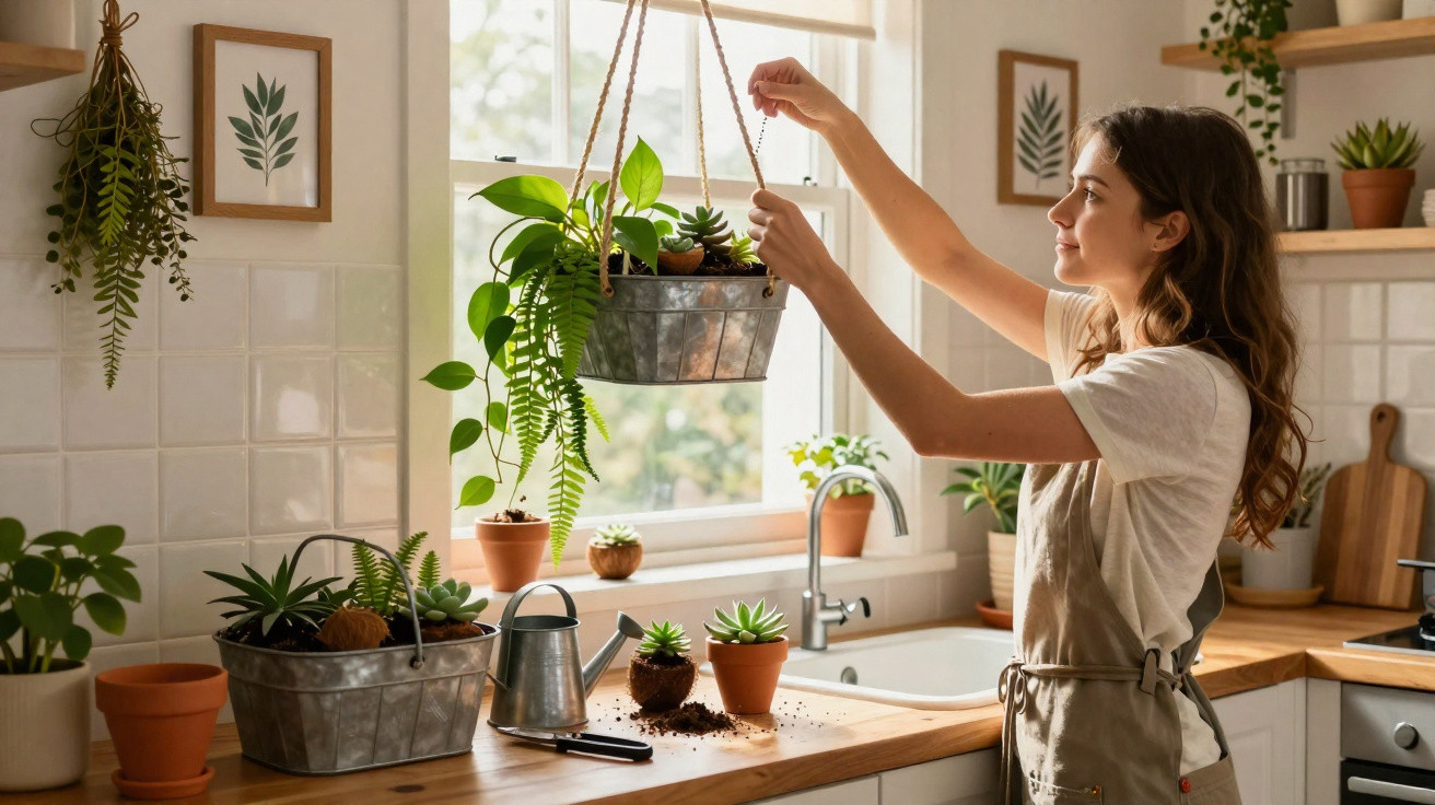 Woman tending to hanging and potted plants on a kitchen counter by a window with natural light.