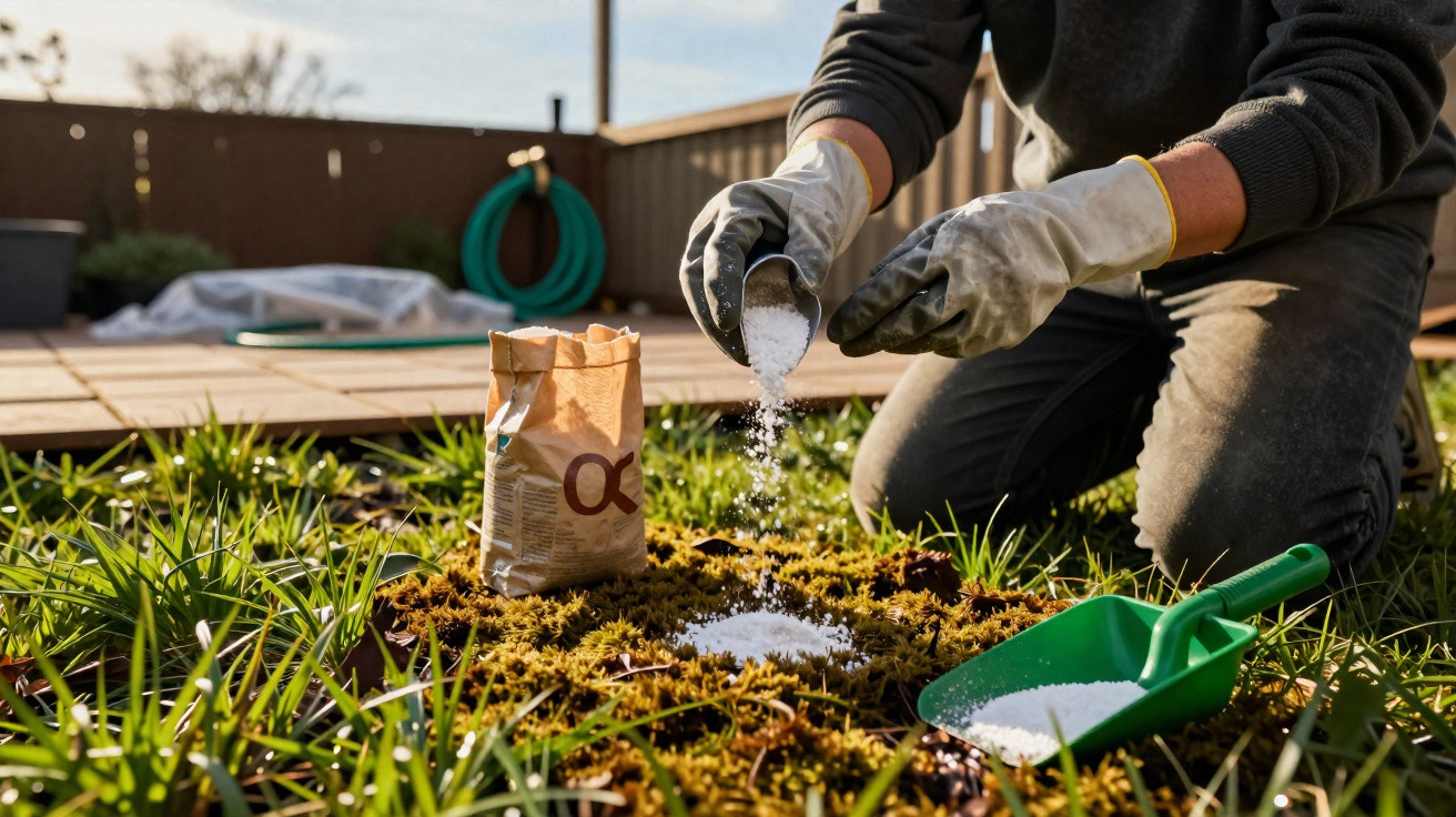 Person wearing gloves spreading white fertiliser granules on mossy grass with a bag and green scoop nearby.