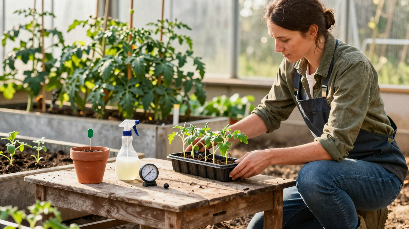 Woman in apron tending tomato seedlings on a table inside a greenhouse with plants in the background.