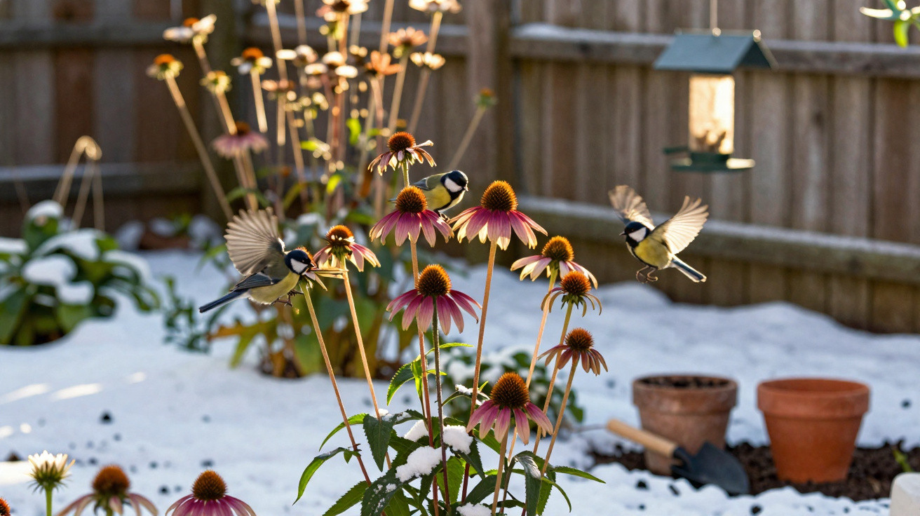 Three great tits perched and flying around pink coneflowers in a snowy garden with pots and a bird feeder.