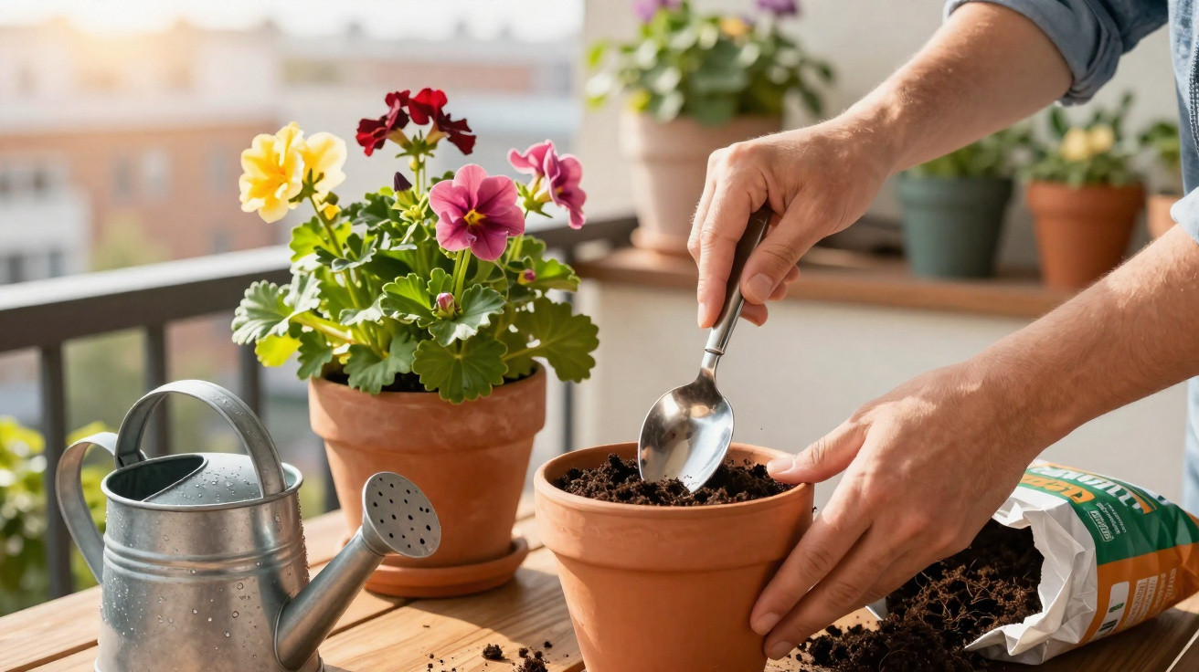 Hands planting soil in terracotta pot on balcony table with flowers and watering can nearby