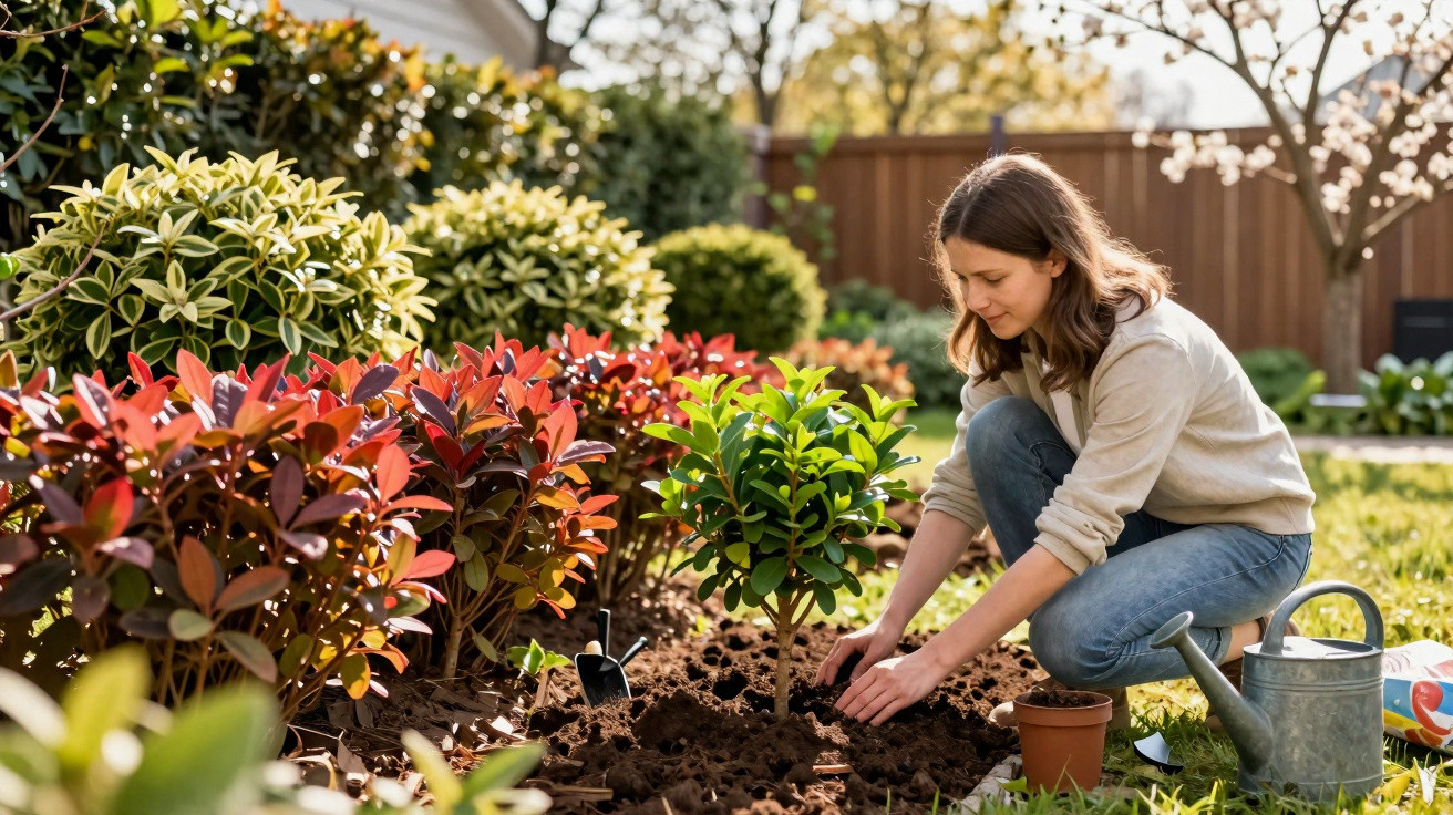 Woman kneeling in a garden planting a small tree with gardening tools and colourful shrubs around her.
