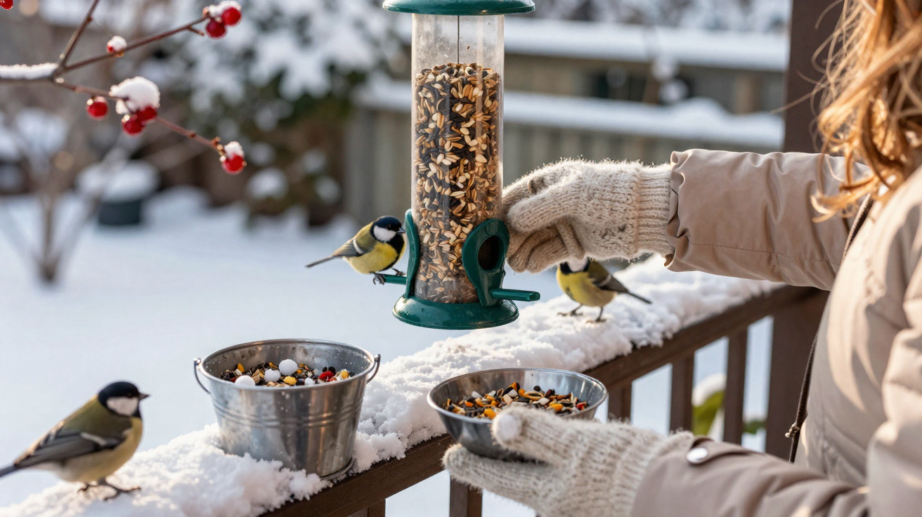 Person in gloves filling bird feeder with seeds on snowy balcony with small birds nearby.