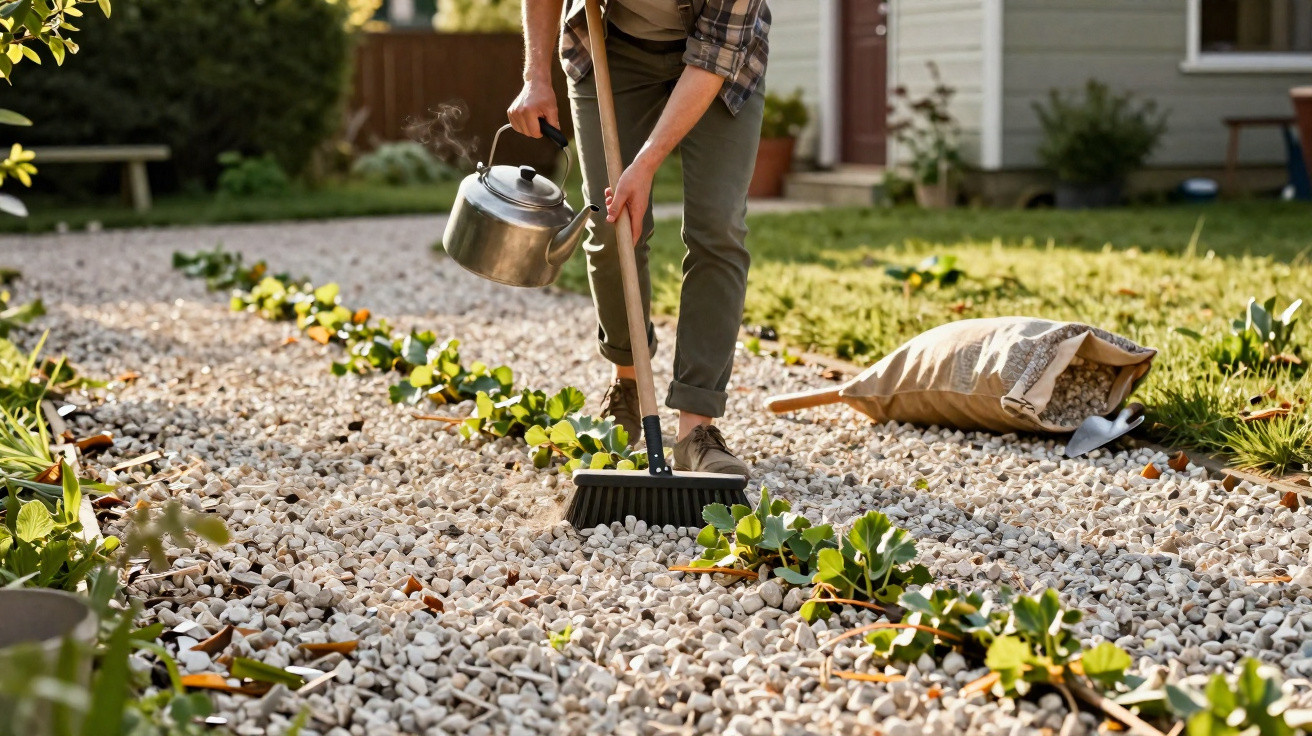 Person sweeping white gravel path with a broom while holding a steaming kettle in a garden.
