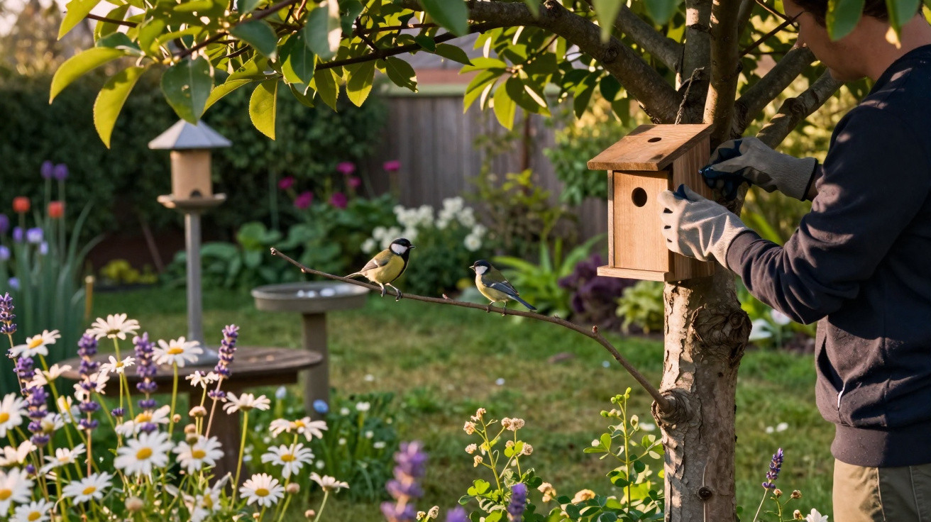 Person installing a wooden birdhouse on a tree branch with two small birds perched nearby in a garden.