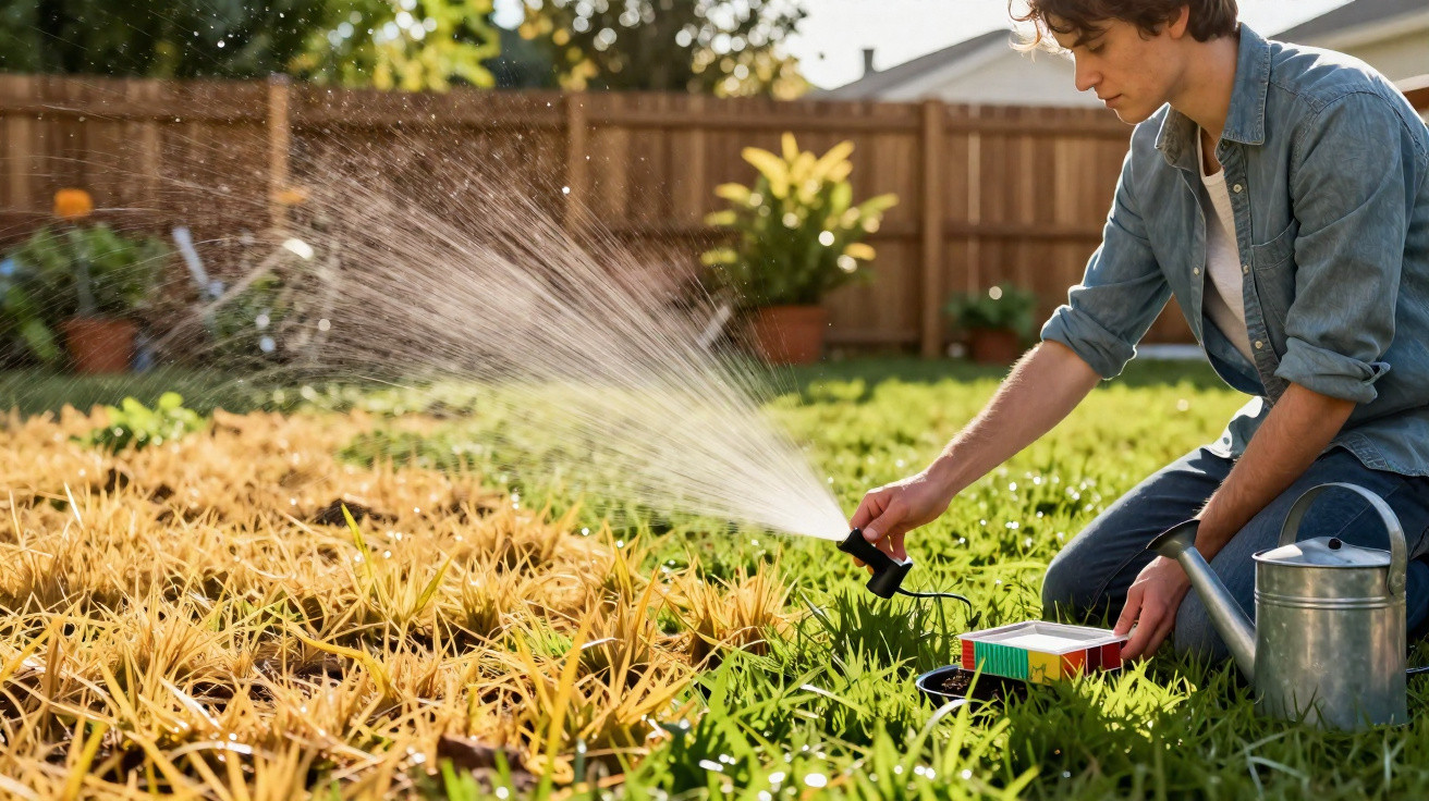 Young man watering a garden with a spray nozzle on a sunny day beside a metal watering can.
