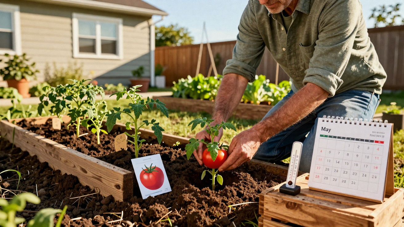 Person harvesting a ripe tomato from a garden bed with plant markers, a thermometer, and a May calendar nearby.