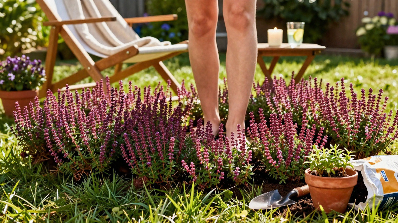 Person standing barefoot in a garden bed of purple flowering plants with gardening tools nearby.