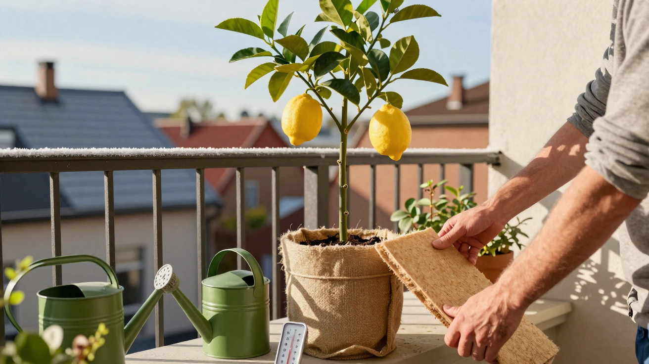 Person tending to a potted lemon tree on a balcony with watering cans and gardening tools.