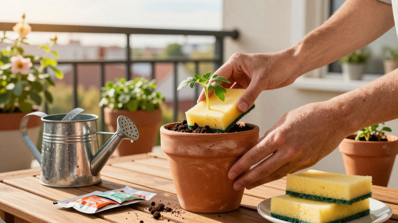 Person using a sponge to water a young plant in a terracotta pot on a wooden table with gardening tools.