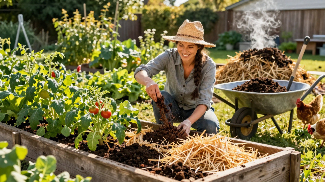 Woman in a straw hat gardening with compost and straw mulch in a raised vegetable bed on a sunny day.