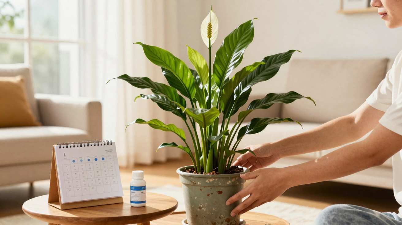Person tending to a peace lily plant in a pot on a wooden table beside a calendar and medicine bottle in a living room.