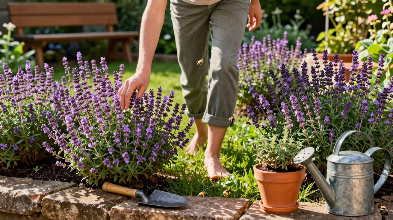 Person tending to lavender plants in a garden with a trowel, watering can, and terracotta pot nearby.